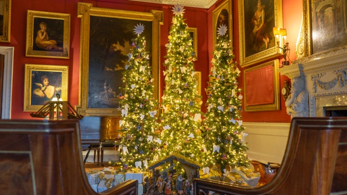 Festive house decorations and spectacularly decorated Christmas trees, Stourhead, Wiltshire